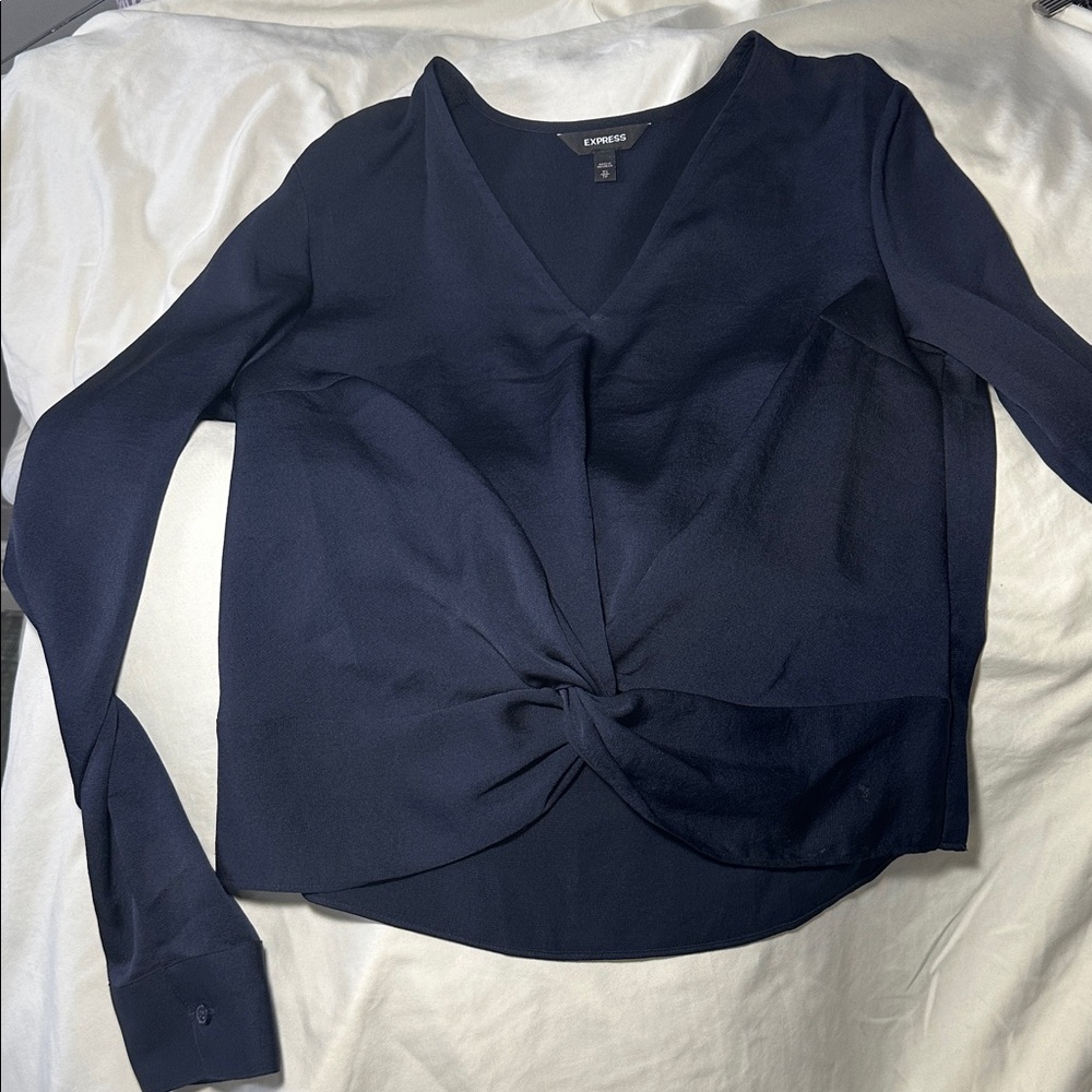 Express navy Ruched Tie Front Long Sleeve Blouse